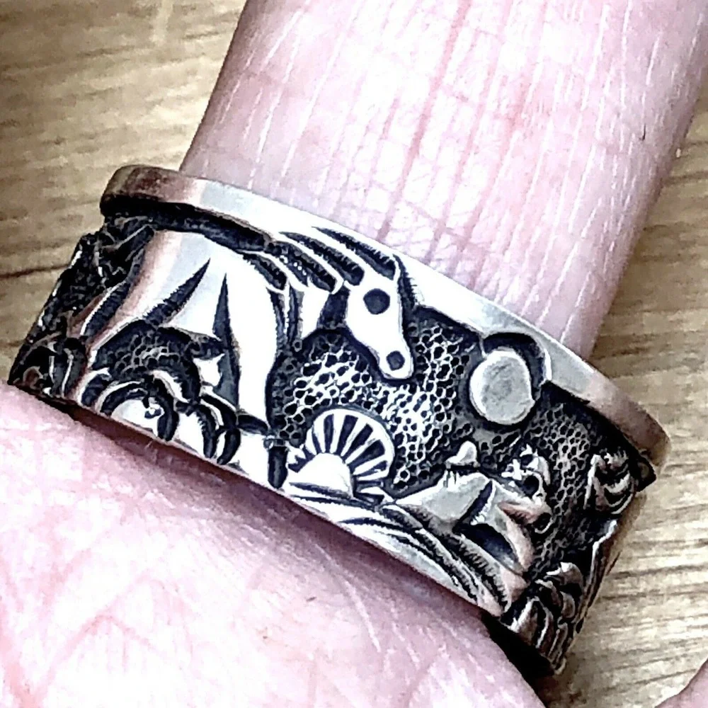 Navajo Horse Storyteller Mens Band Sz 13.5 Signed Becenti Sterling Wedding Ring